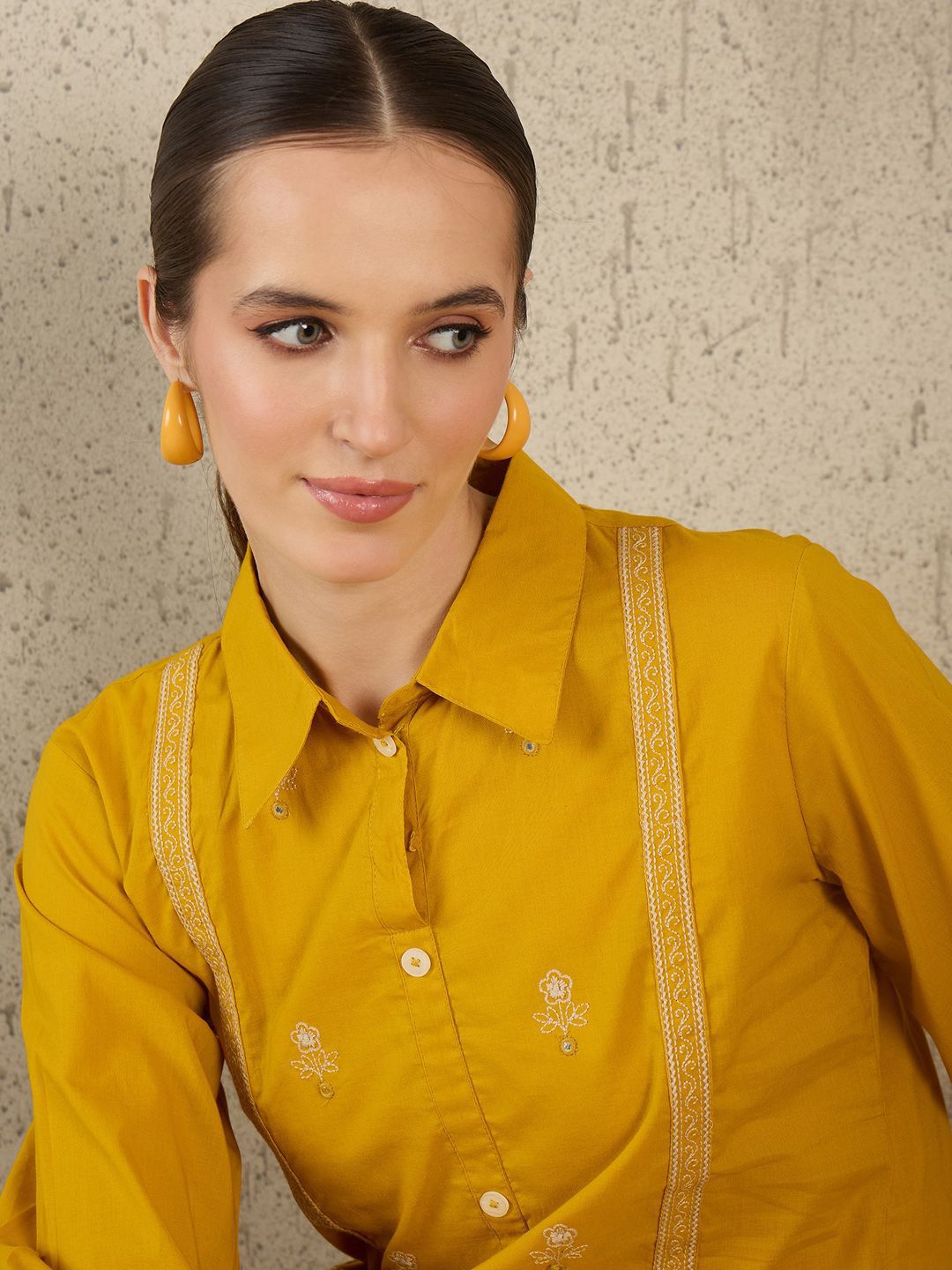 Dhiyona IE Women Embroidered Shirt Collar Cotton Top and Trousers Co-Ords