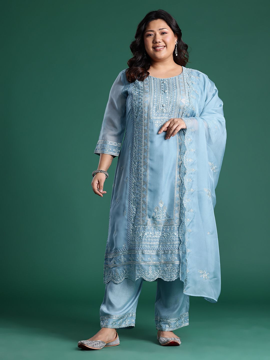 Indyancart Women's Embroidered Sequinned Kurta With Trousers & Dupatta