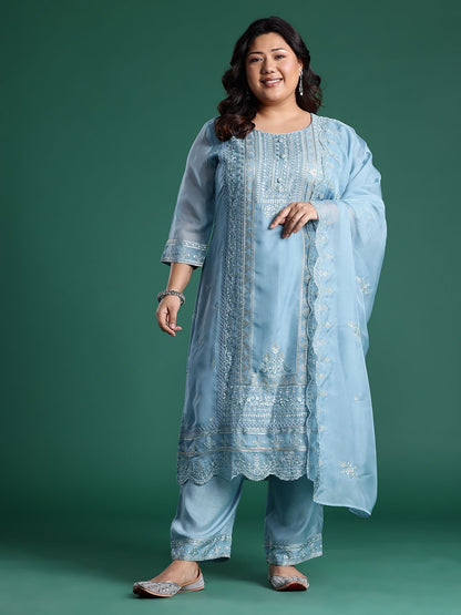 Indyancart Women's Embroidered Sequinned Kurta With Trousers & Dupatta