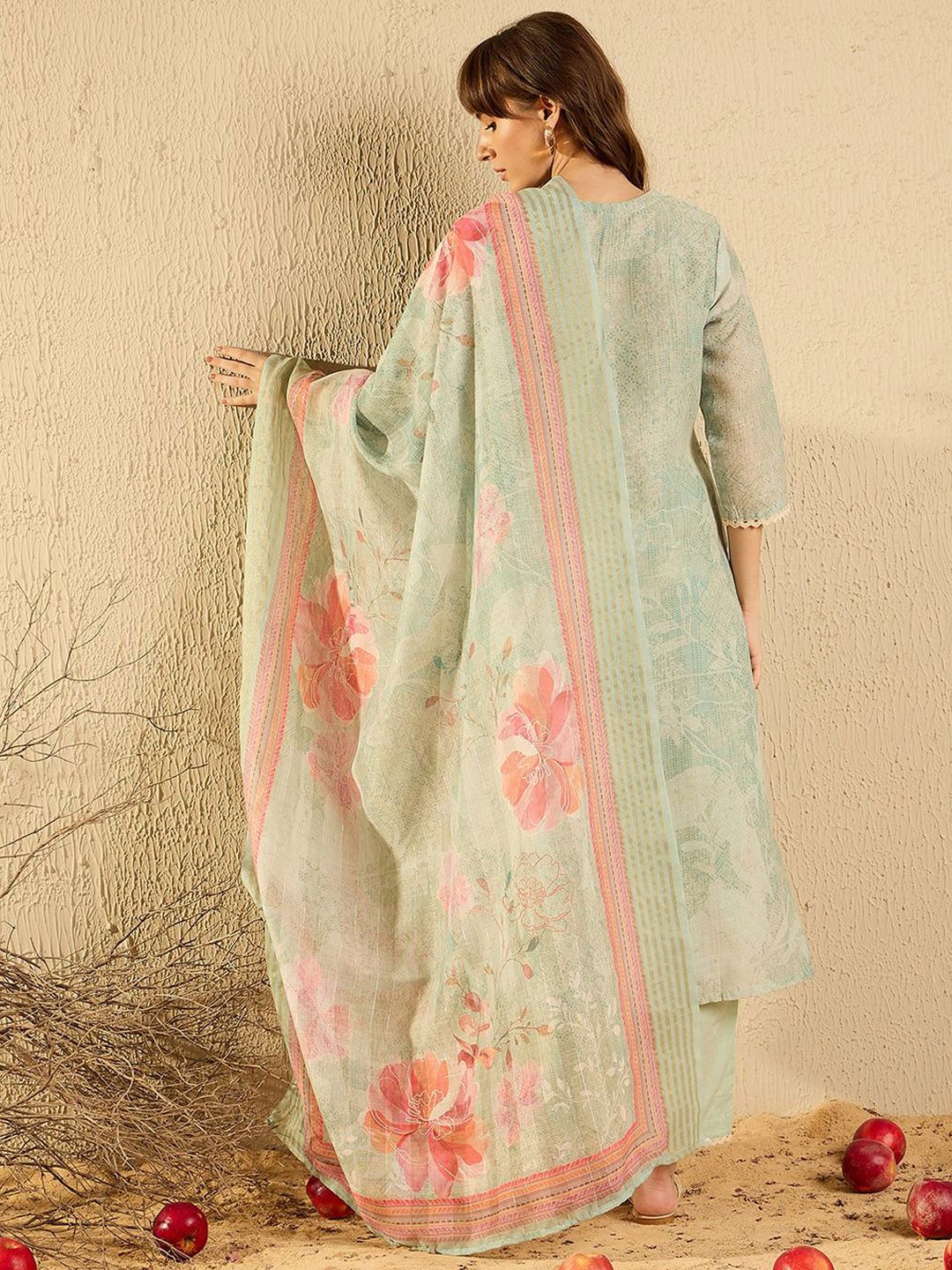 Indyancart IE Women Ethnic Motifs Printed Regular Chikankari Kurta with Trousers & With Dupatta