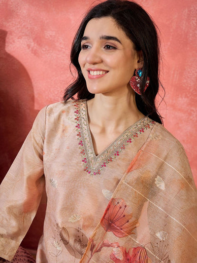 Indyancart SN Women's Floral Printed V-Neck Jacquard Chanderi Silk Straight Kurta With Trouser & Dupatta