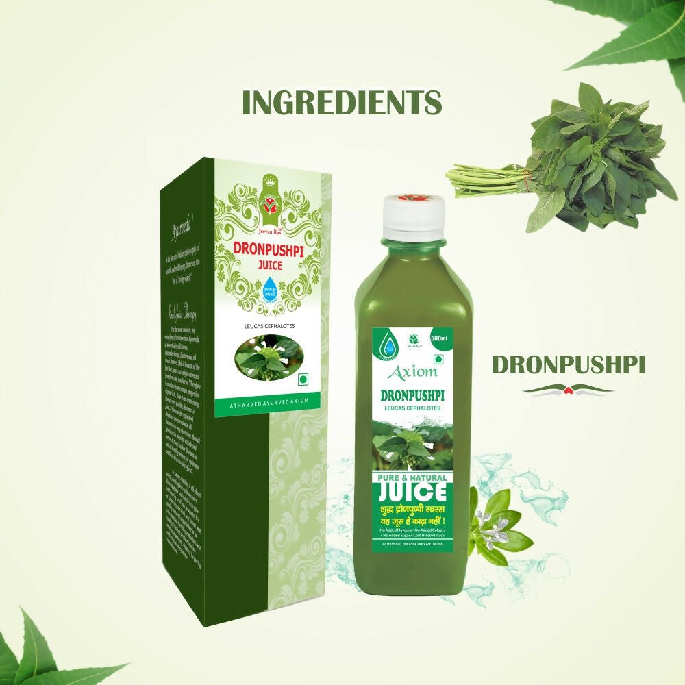 Axiom Dronpushpi Ayurvedic drink in a clear glass with a vibrant green liquid and fresh herbs garnishing the top.