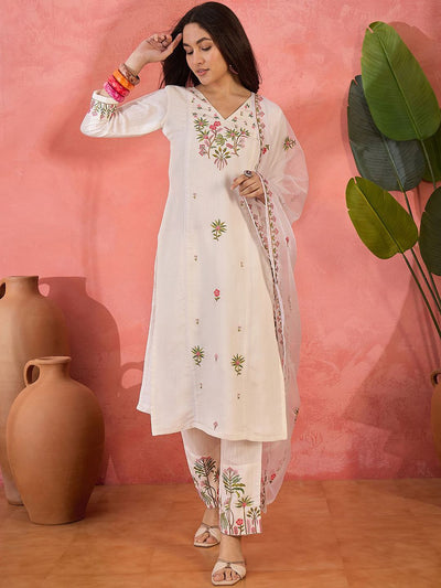 Indyancart SN Women's Floral Embroidered Thread Work Straight Kurta With Trousers And Dupatta