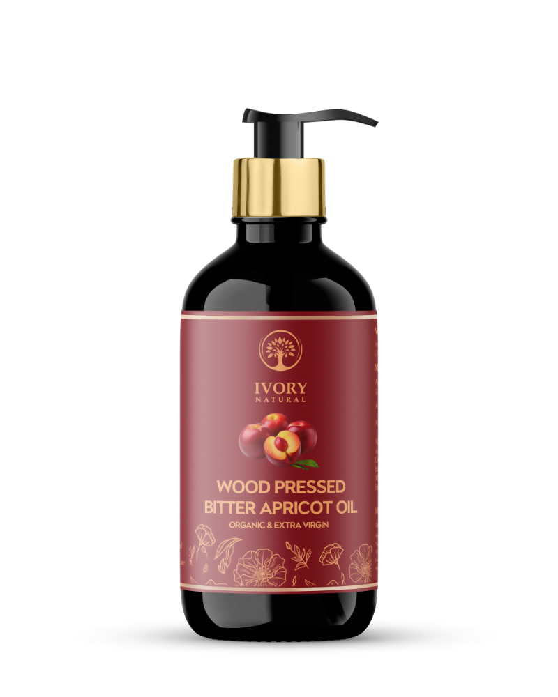 Ivory Natural pressed bitter apricot oil in a glass bottle, natural and organic hair oil for deep moisturization and gentle hydration.