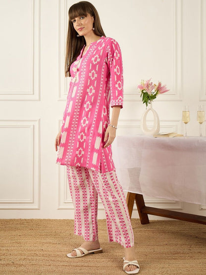 Floral Printed Thread Work Pure Cotton Kurta With Palazzos