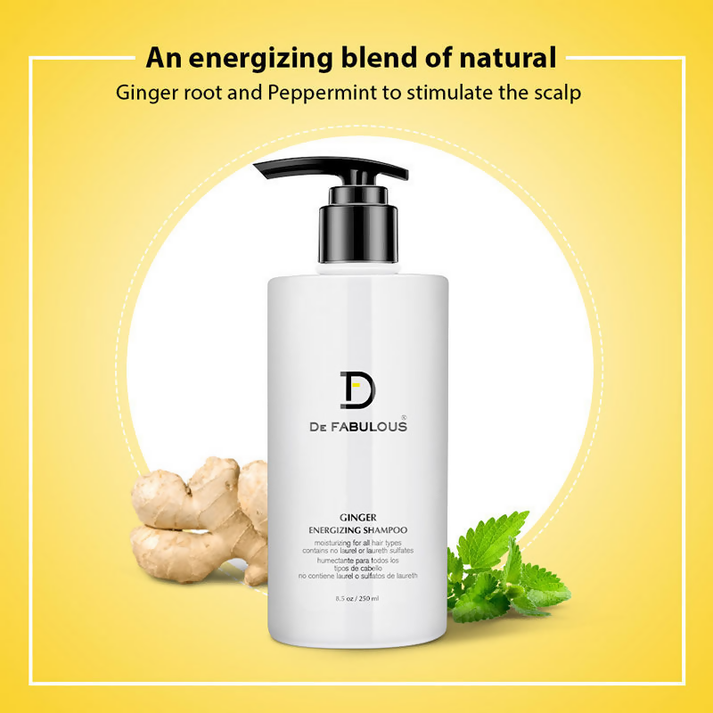 De Fabulous Ginger Energizing Shampoo bottle with label, showcasing natural ingredients and sleek packaging design.