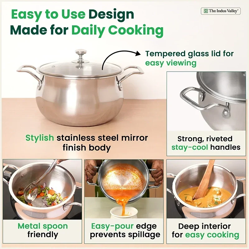 The Indus Valley TurboCuk Tri-ply Stainless Steel Handi Casserole/ Biryani Cooking Pot+ Glass Lid, Premium Quality, 3 Layer Thick Body, 100% Toxin-free, Non-stick, Induction & Gas, 4L