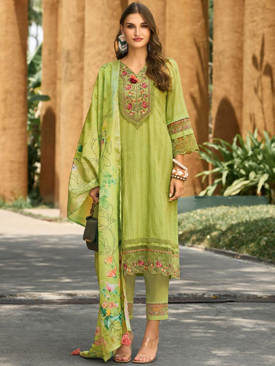 Indyancart IE Women Floral Regular Thread Work Linen Kurta with Trousers & With Dupatta