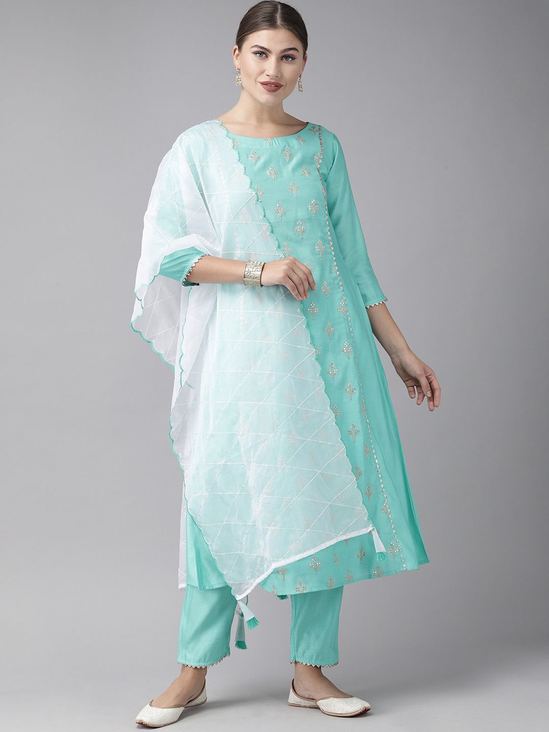 Women Sea Green Embroidered Liva Kurta with Trousers & Dupatta