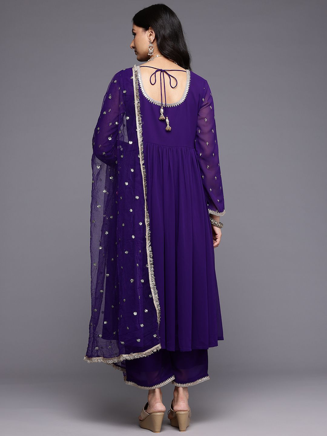 Indyancart VA Embroidered Empire Zari Kurta With Palazzos & Dupatta