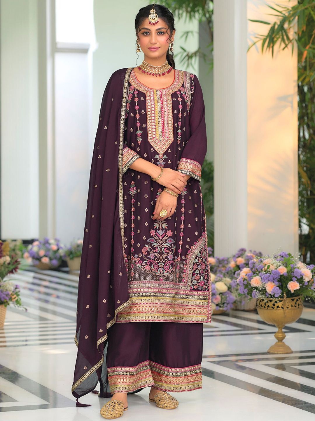 Indyancart IE Women Ethnic Motifs Embroidered Regular Mirror Work Kurta with Palazzos & With Dupatta