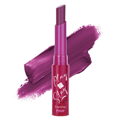 Half N Half Play n Slay Velvette Smooth Transferproof Lipstick in Pin Up Plum, showcasing the deep plum shade and sleek packaging.