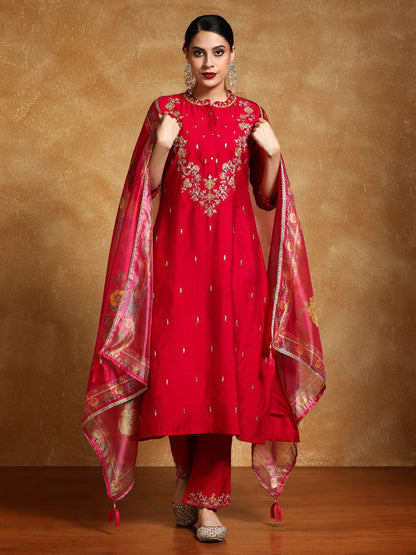 Indyancart VA Women'sFloral Embroidered Mandarin Collar A-Line Kurta With Trousers & Dupatta