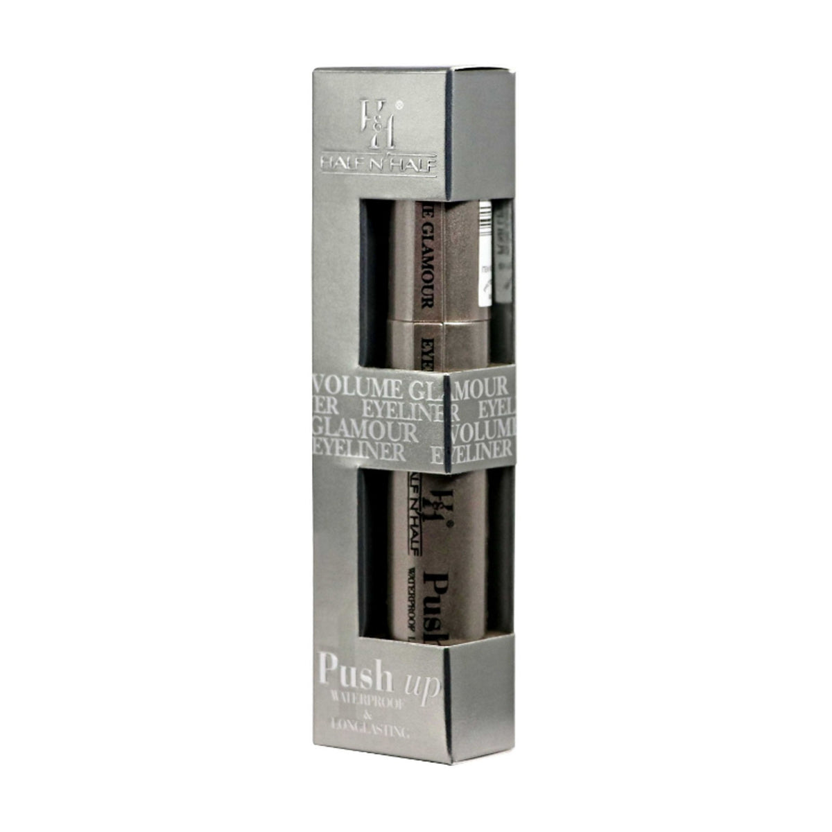 Half N Half Volume Glamour Eyeliner in black, waterproof and long-lasting, featuring a sleek applicator for precise makeup application.