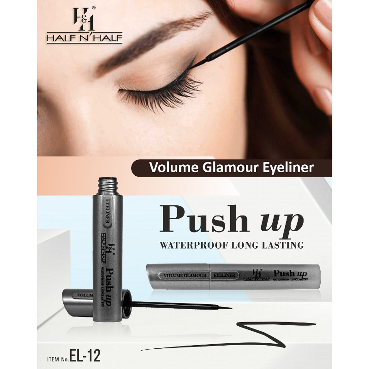 Half N Half Volume Glamour Waterproof Black Eyeliner with push-up design, long-lasting and ideal for bold eye looks.