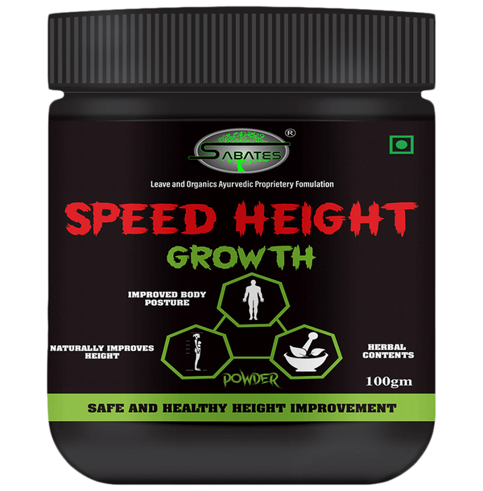 Sabates Speed Height Growth Powder in a health drink container, showcasing the product label and packaging details.