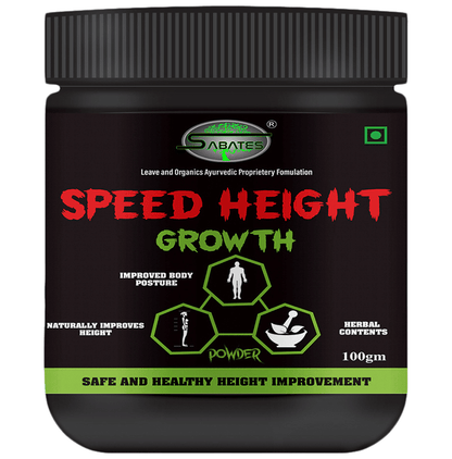 Sabates Speed Height Growth Powder in a health drink container, showcasing the product label and packaging details.