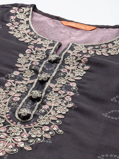 Indyancart IE Bandhani Printed Thread Work Kurta with Trousers & With Dupatta