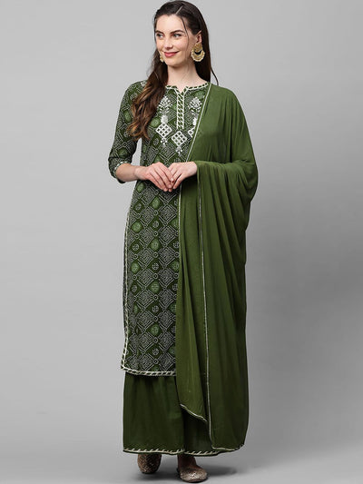 Indyancart IE Women Green Bandhani Printed Regular Thread Work Kurta with Sharara & With Dupatta