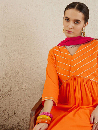 Indyancart IE V Neck Empire Gotta Patti Pure Cotton Kurta Set