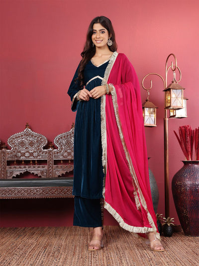 Indyancart VA Women'sNavy Blue Flared Sleeves Lace Velvet Empire Kurta with Trousers & Dupatta