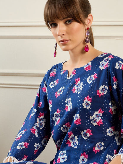 Dhiyona IE Floral Printed Pure Cotton Notch Neck Straight Kurta With Trousers