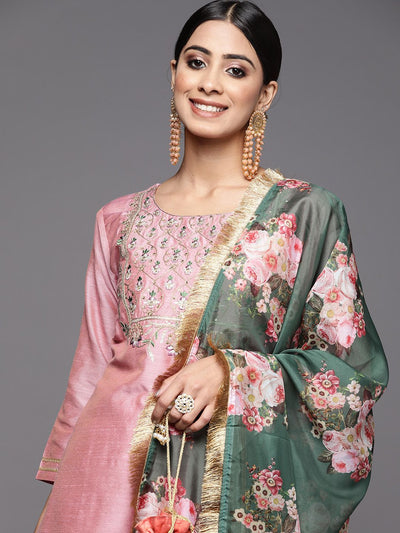 Indyancart VA Women'sFloral Yoke Design Sequinned Dupion Silk Straight Kurta with Trouser & Dupatta