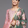 Dhiyona VA Women'sFloral Yoke Design Sequinned Dupion Silk Straight Kurta with Trouser & Dupatta