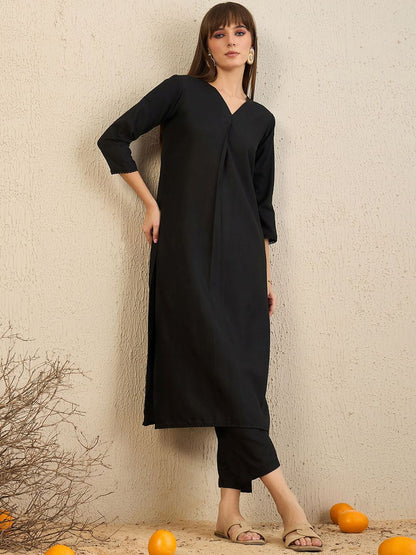 Indyancart IE V Neck Pleated Straight Kurta With Trousers