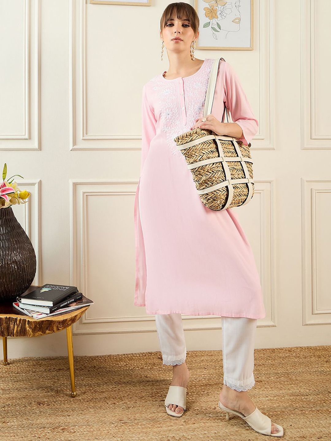 Indyancart IE Floral Yoke Design Round Neck Thread Work Straight Kurta