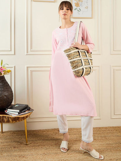 Indyancart IE Floral Yoke Design Round Neck Thread Work Straight Kurta