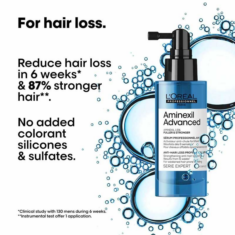 L'Oreal Professionnel Aminexil Advanced anti-hair loss serum in a clear bottle, with a pump dispenser for hair treatment.