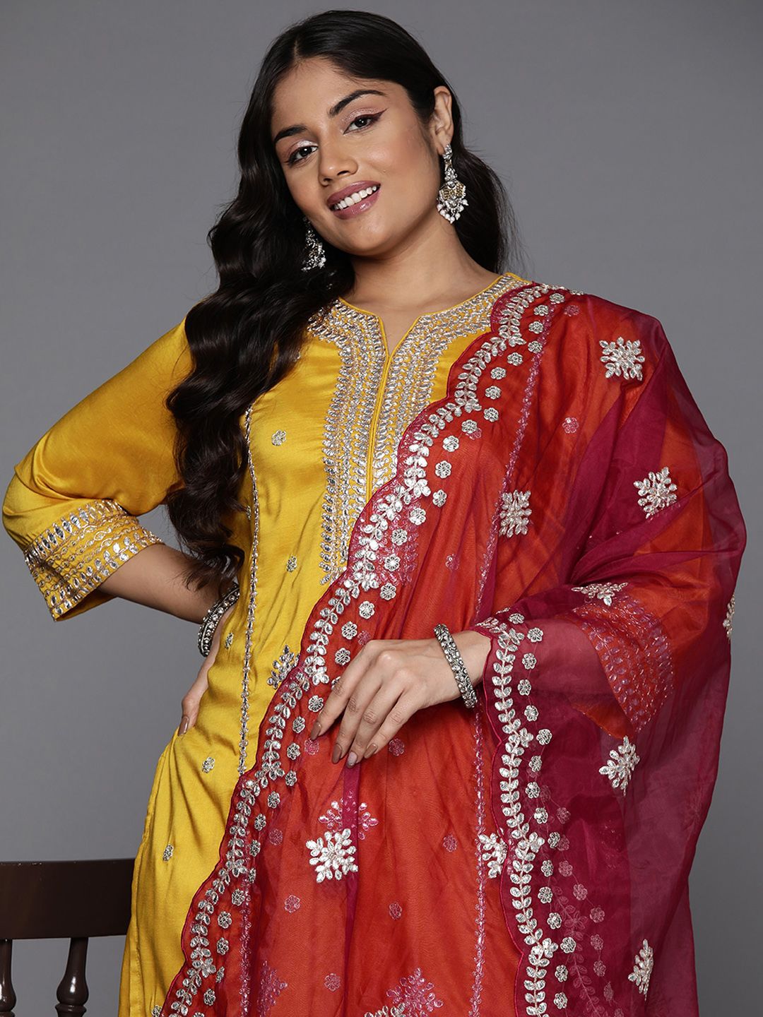 Indyancart Women's Plus Size Ethnic Motifs Embroidered Kurta with Trousers & With Dupatta