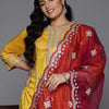 Indyancart Women's Plus Size Ethnic Motifs Embroidered Kurta with Trousers & With Dupatta