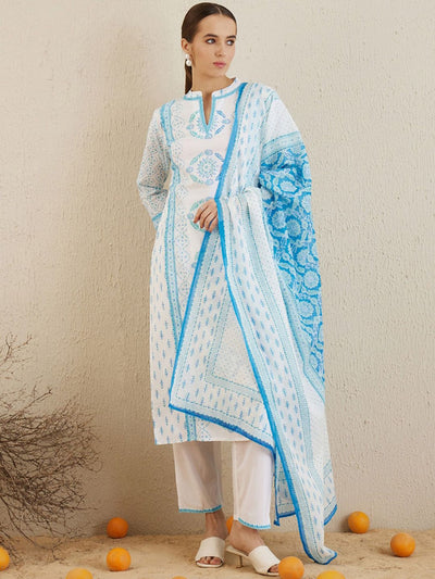 Indyancart IE Ethnic Motifs Printed Regular Pure Cotton Kurta with Trousers & Dupatta
