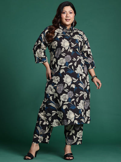 Indyancart IE Plus Size Floral Printed Fusion Pure Cotton Kurta with Trousers