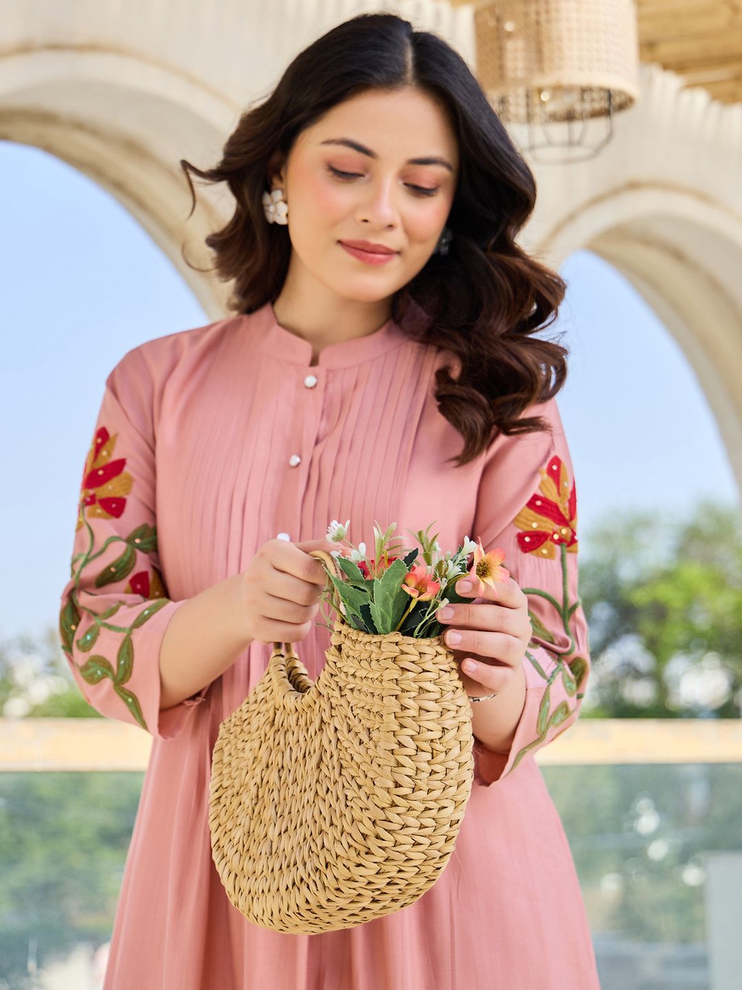 Women Floral Embroidered Thread Work Pure Cotton A-Line Kurta with Trousers