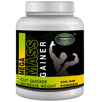 Sabates Mega Mass Gainer powder in a health drink container, showing the product label with nutritional information.