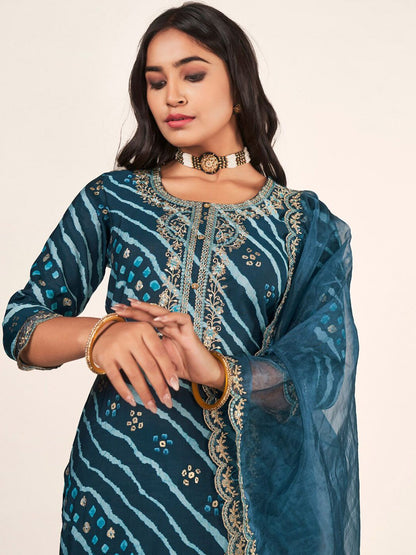 Indyancart SN Women's Leheriya Embroidered Straight Kurta With Trousers & Dupatta