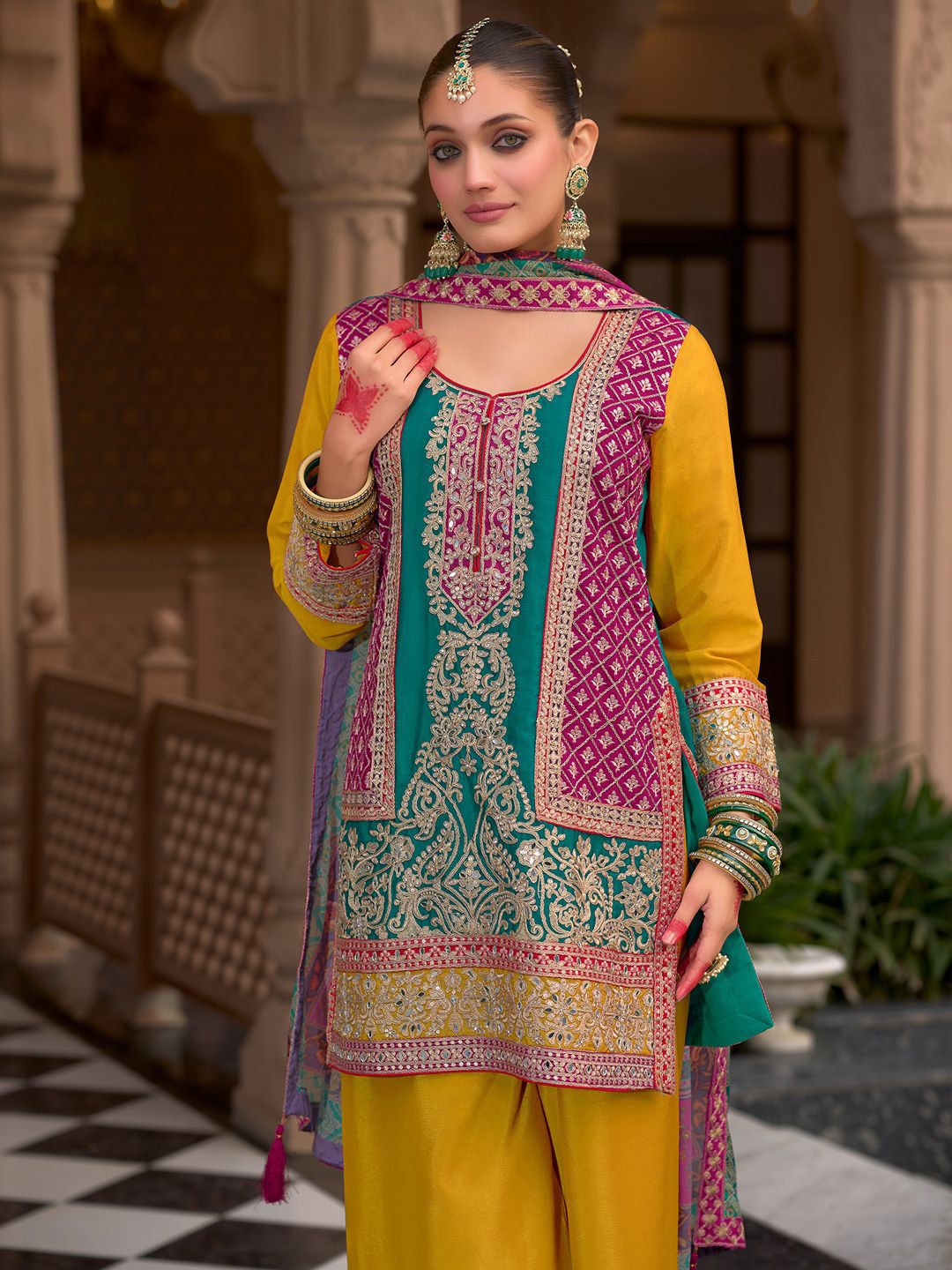 Indyancart IE Floral Embroidered Round Neck Mirror Work Kura With Palazzos & Dupatta