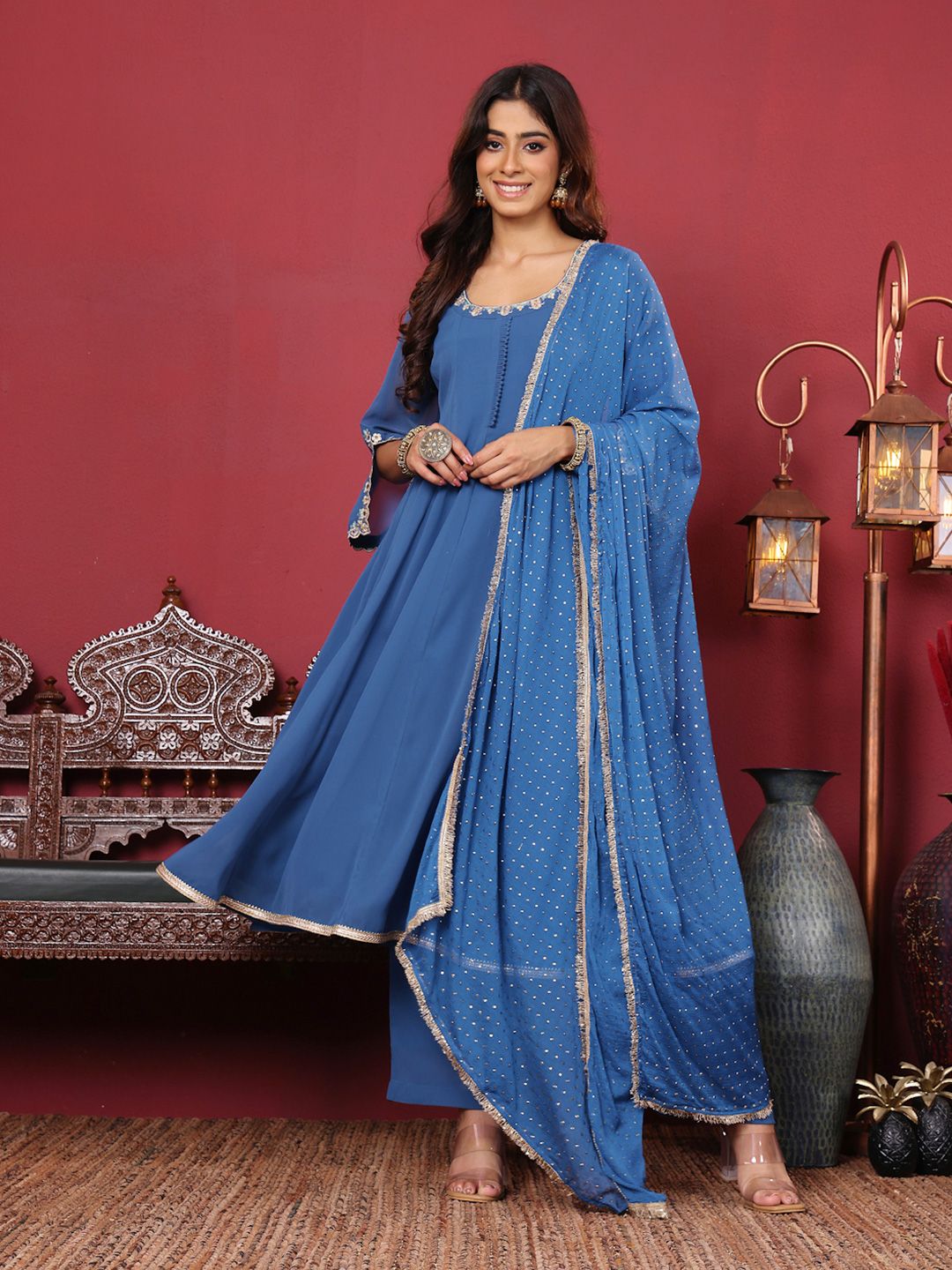 Indyancart VA Women'sFloral Embroidered Silk Georgette Anarkali Kurta With Palazzos & Dupatta