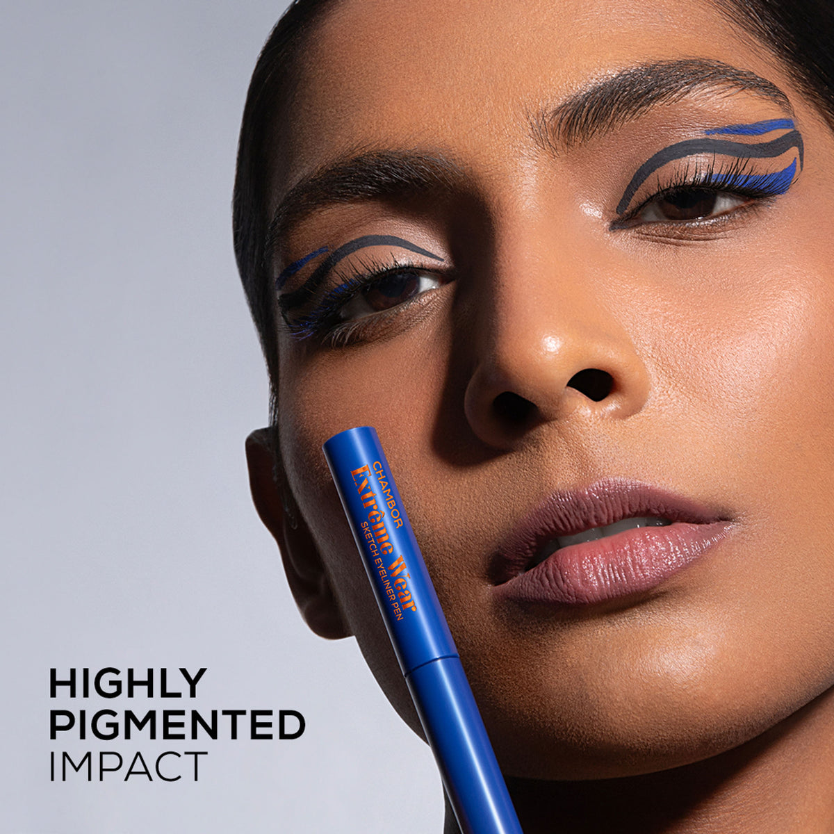 Chambor Extreme Wear Lasting Matte Black Eyeliner displayed on a makeup brush with a matte finish and sleek black packaging.
