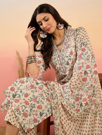 Indyancart SN Women's Floral Printed Pure Cotton V Neck Kurta With Trousers & Dupatta