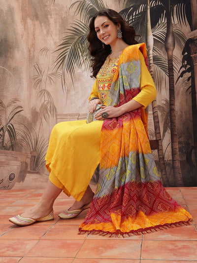 Indyancart SN Women's Yoke Design Mirror Work Embroidered Kurta With Trousers & Bandhani Print Dupatta