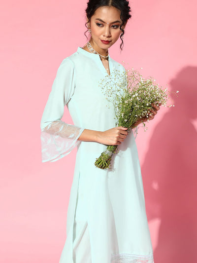 Indyancart IE Blue Silk Blend Mandarin Collar Kurta Set