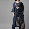 Dhiyona IE Women Navy Blue & Golden Yoke Design Kurta with Trousers & Dupatta