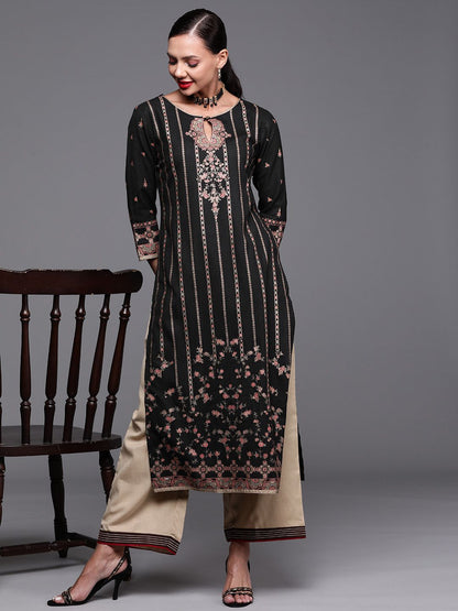 Indyancart IE Women Black & Gold-Toned Ethnic Motifs Foil Print Keyhole Neck Straight Kurta