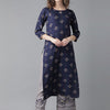 Dhiyona IE Women Navy Blue Floral Printed Thread Work Kurta