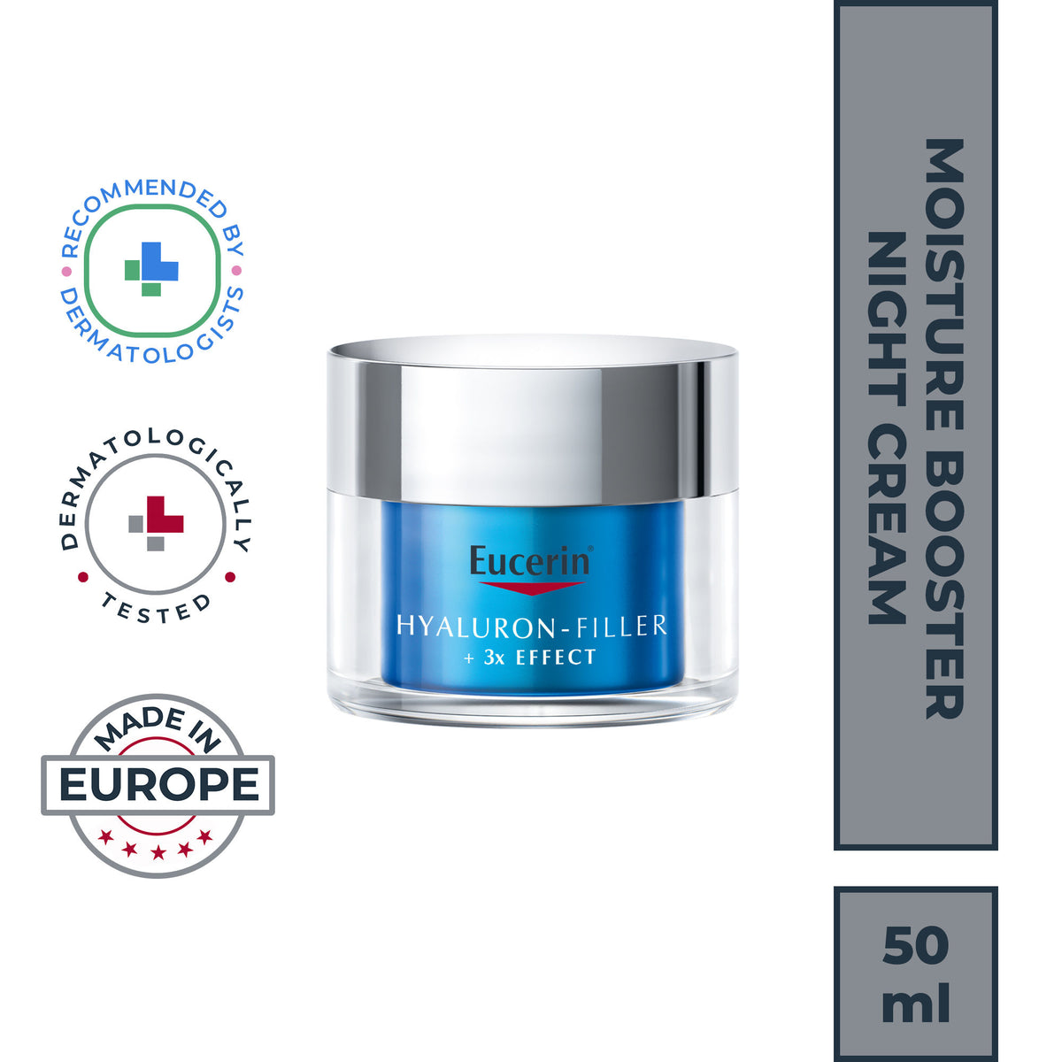 Eucerin Hyaluron-Filler +3X Effect Moisture Booster Night cream jar with white and blue packaging on a white background.