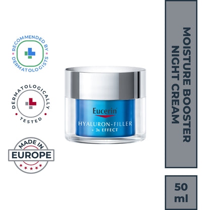 Eucerin Hyaluron-Filler +3X Effect Moisture Booster Night cream jar with white and blue packaging on a white background.